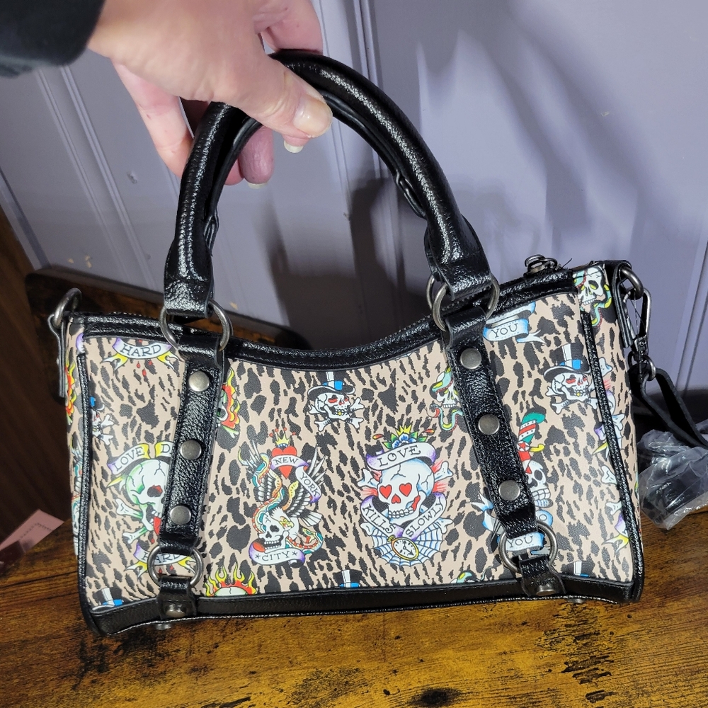 Ed Hardy Leopard Print Satchel with Black Accents/rhinestones - Picture 3 of 16